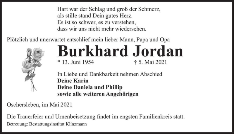  Traueranzeige für Burkhard Jordan  vom 12.05.2021 aus Magdeburger Volksstimme
