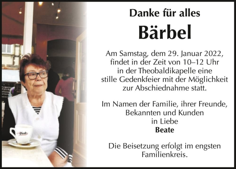  Traueranzeige für Bärbel  vom 22.01.2022 aus Magdeburger Volksstimme