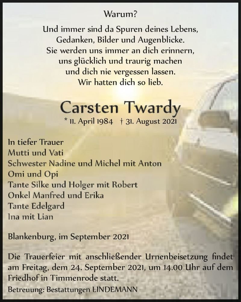  Traueranzeige für Carsten Twardy  vom 18.09.2021 aus Magdeburger Volksstimme