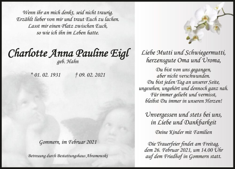  Traueranzeige für Charlotte Anna Pauline Eigl (geb. Hahn)  vom 20.02.2021 aus Magdeburger Volksstimme