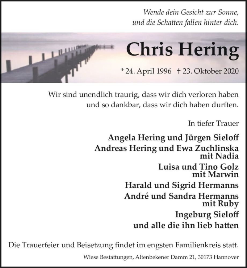  Traueranzeige für Chris Hering  vom 30.10.2020 aus Magdeburger Volksstimme