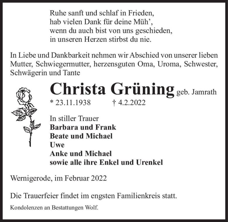  Traueranzeige für Christa Grüning (geb. Jamrath)  vom 12.02.2022 aus Magdeburger Volksstimme