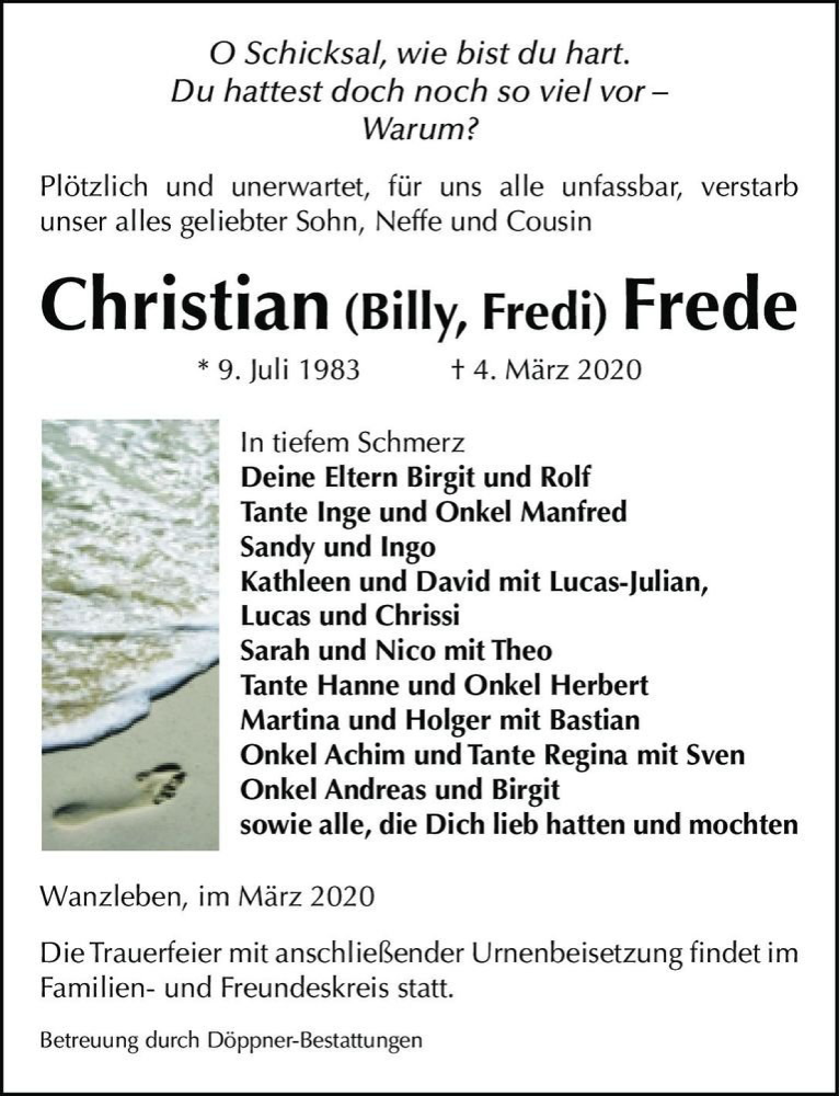  Traueranzeige für Christian (Billy, Fredi) Frede  vom 21.03.2020 aus Magdeburger Volksstimme
