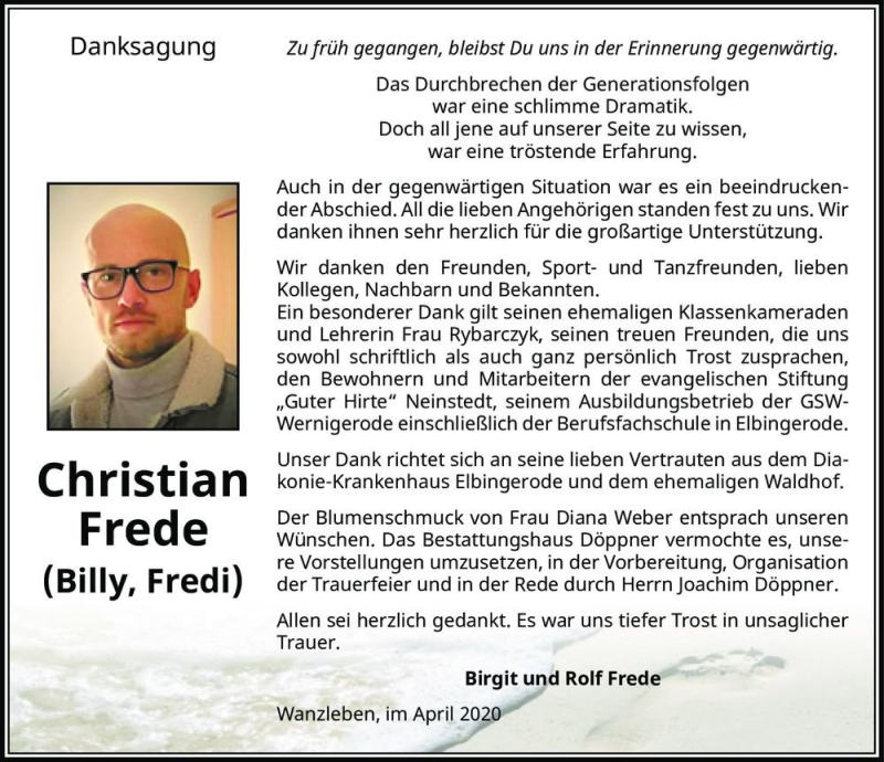  Traueranzeige für Christian Frede (Billy, Fredi)  vom 04.04.2020 aus Magdeburger Volksstimme