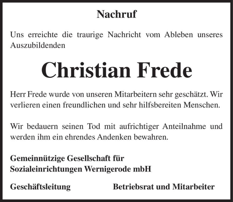  Traueranzeige für Christian Frede  vom 14.03.2020 aus Magdeburger Volksstimme