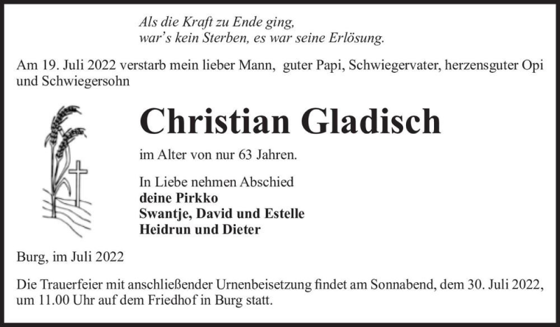  Traueranzeige für Christian Gladisch  vom 23.07.2022 aus Magdeburger Volksstimme