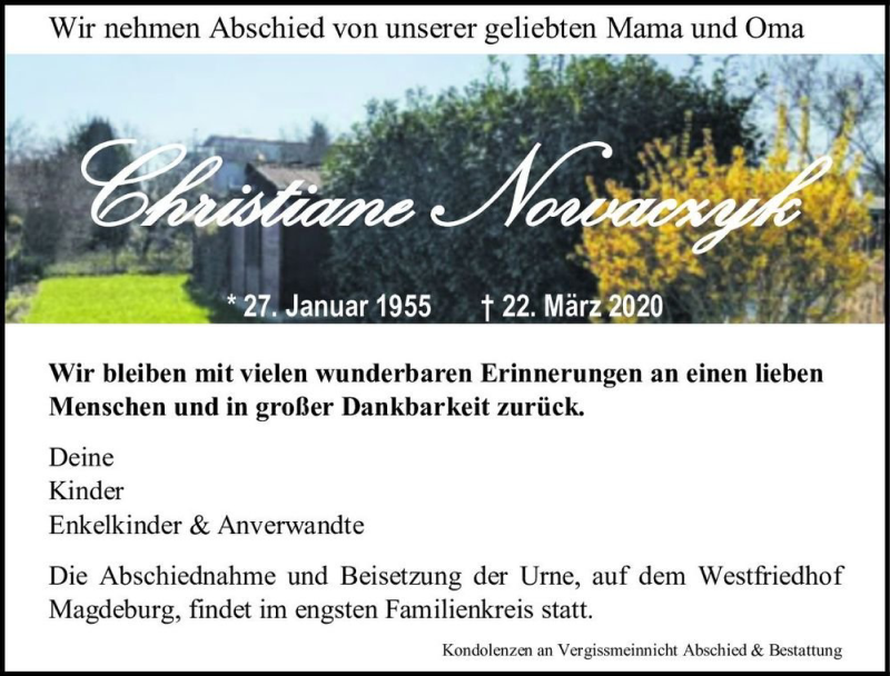  Traueranzeige für Christiane Nowaczyk  vom 28.03.2020 aus Magdeburger Volksstimme