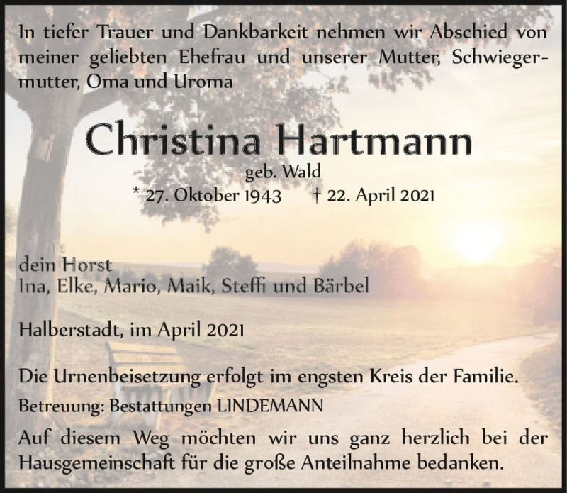  Traueranzeige für Christina Hartmann (geb. Wald)  vom 30.04.2021 aus Magdeburger Volksstimme