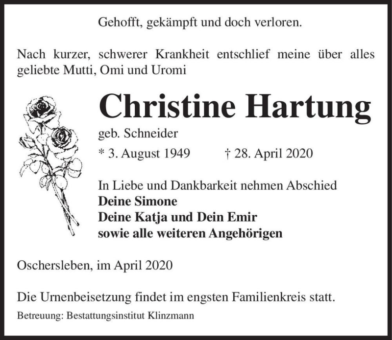  Traueranzeige für Christine Hartung (geb. Schneider)  vom 02.05.2020 aus Magdeburger Volksstimme