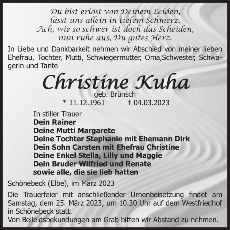  Traueranzeige für Christine Kuha (geb. Brünsch)  vom 11.03.2023 aus Magdeburger Volksstimme