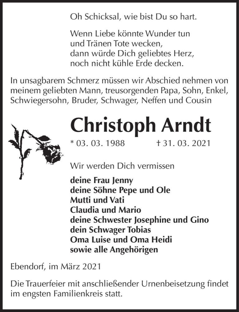  Traueranzeige für Christoph Arndt  vom 03.04.2021 aus Magdeburger Volksstimme
