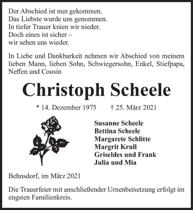  Traueranzeige für Christoph Scheele  vom 30.03.2021 aus Magdeburger Volksstimme