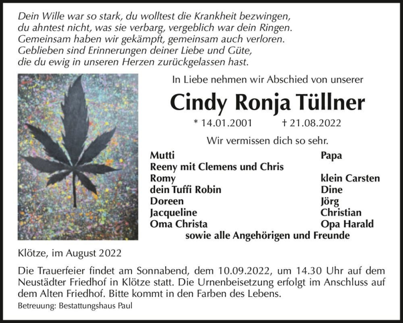  Traueranzeige für Cindy Ronja Tüllner  vom 27.08.2022 aus Magdeburger Volksstimme