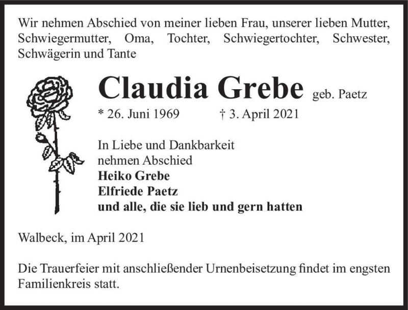  Traueranzeige für Claudia Grebe (geb. Paetz)  vom 07.04.2021 aus Magdeburger Volksstimme