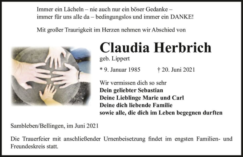  Traueranzeige für Claudia Herbrich (geb. Lippert)  vom 26.06.2021 aus Magdeburger Volksstimme