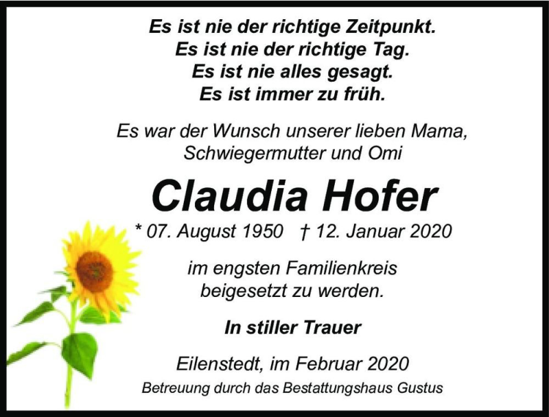  Traueranzeige für Claudia Hofer  vom 29.02.2020 aus Magdeburger Volksstimme