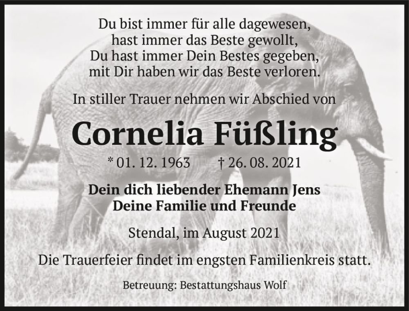  Traueranzeige für Cornelia Füßling  vom 04.09.2021 aus Magdeburger Volksstimme
