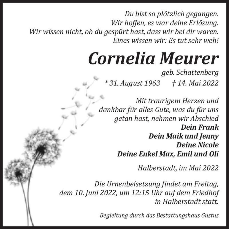  Traueranzeige für Cornelia Meurer (geb. Schattenberg)  vom 21.05.2022 aus Magdeburger Volksstimme