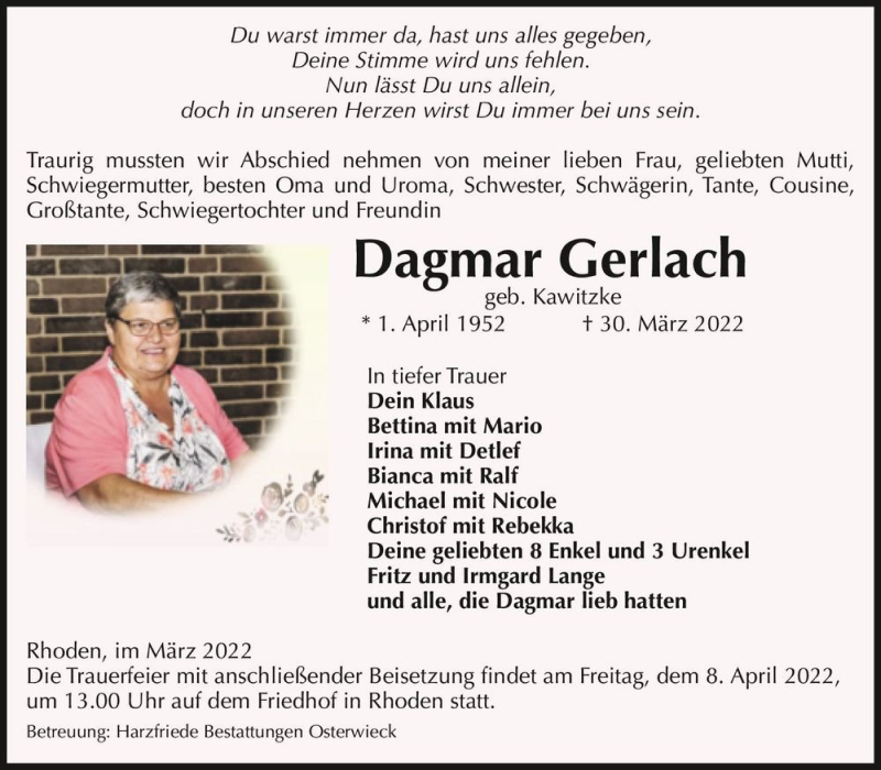  Traueranzeige für Dagmar Gerlach (geb. Kawitzke)  vom 02.04.2022 aus Magdeburger Volksstimme