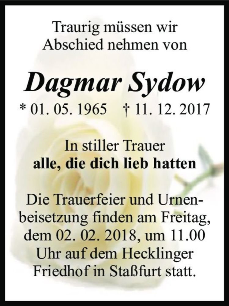  Traueranzeige für Dagmar Sydow  vom 27.01.2018 aus Magdeburger Volksstimme