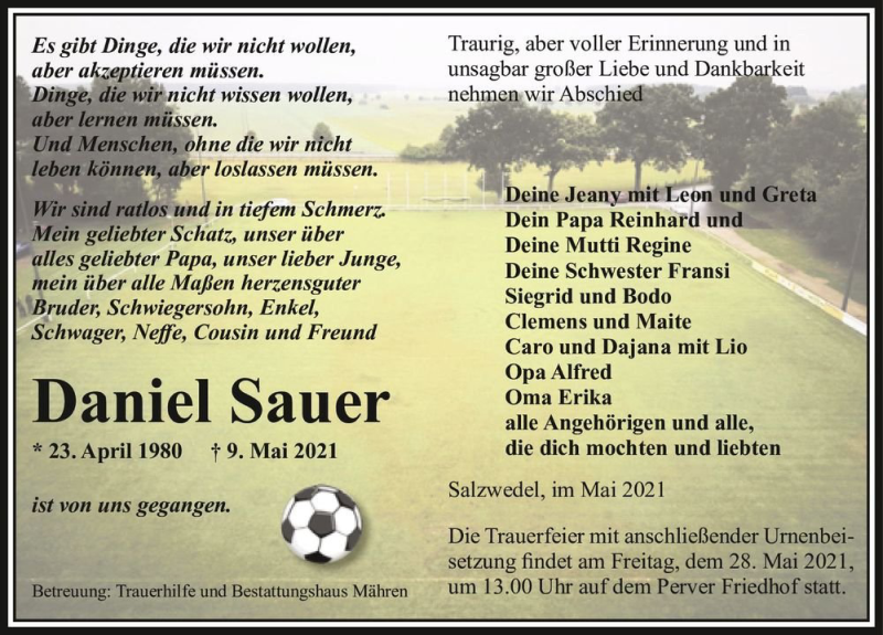  Traueranzeige für Daniel Sauer  vom 14.05.2021 aus Magdeburger Volksstimme