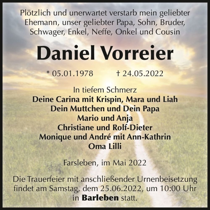  Traueranzeige für Daniel Vorreier  vom 04.06.2022 aus Magdeburger Volksstimme