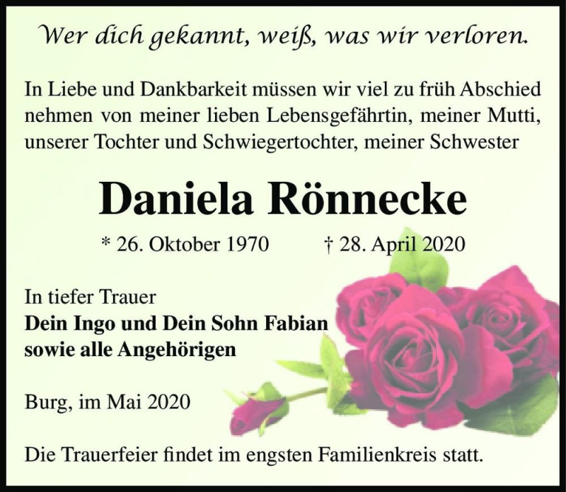  Traueranzeige für Daniela Rönnecke  vom 09.05.2020 aus Magdeburger Volksstimme