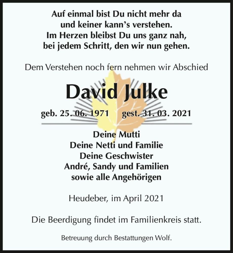  Traueranzeige für David Julke  vom 10.04.2021 aus Magdeburger Volksstimme