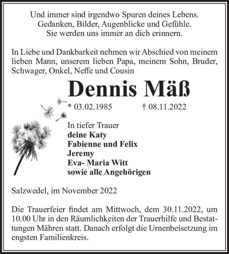  Traueranzeige für Dennis Mäß  vom 11.11.2022 aus Magdeburger Volksstimme