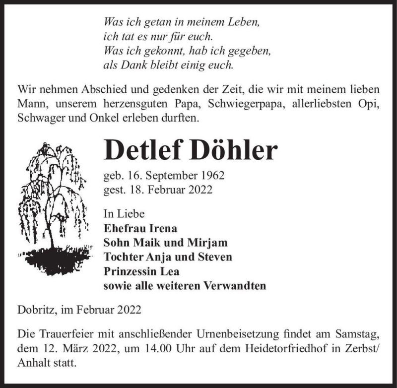  Traueranzeige für Detlef Döhler  vom 26.02.2022 aus Magdeburger Volksstimme