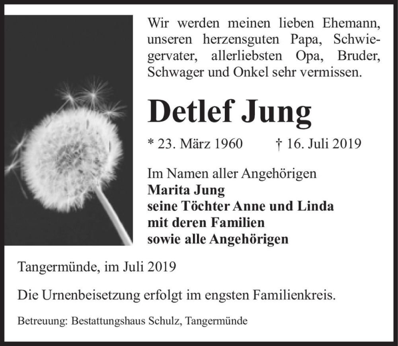  Traueranzeige für Detlef Jung  vom 20.07.2019 aus Magdeburger Volksstimme