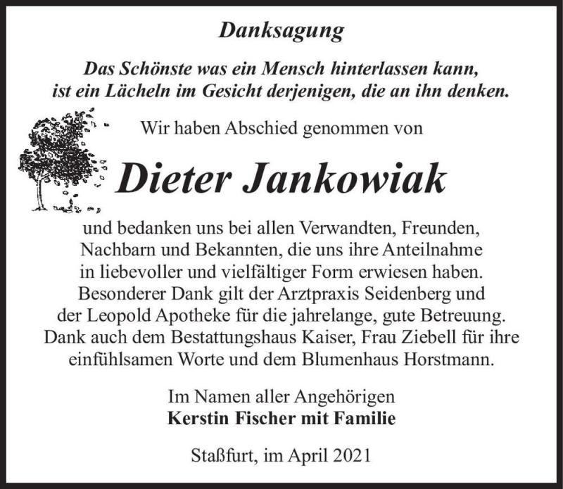  Traueranzeige für Dieter Jankowiak  vom 17.04.2021 aus Magdeburger Volksstimme