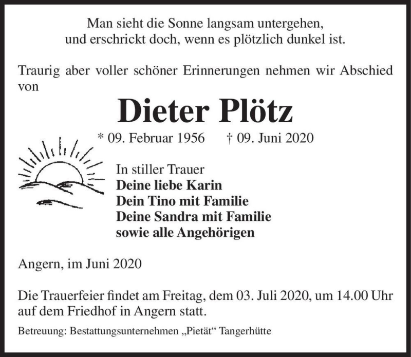  Traueranzeige für Dieter Plötz  vom 20.06.2020 aus Magdeburger Volksstimme
