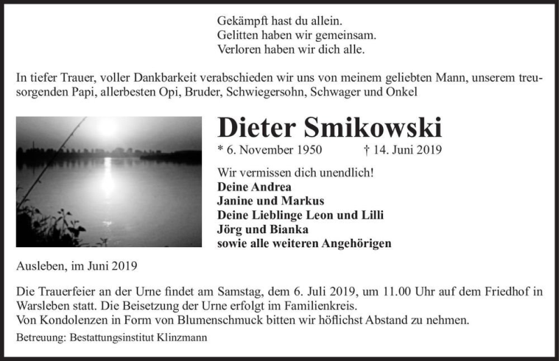  Traueranzeige für Dieter Smikowski  vom 22.06.2019 aus Magdeburger Volksstimme