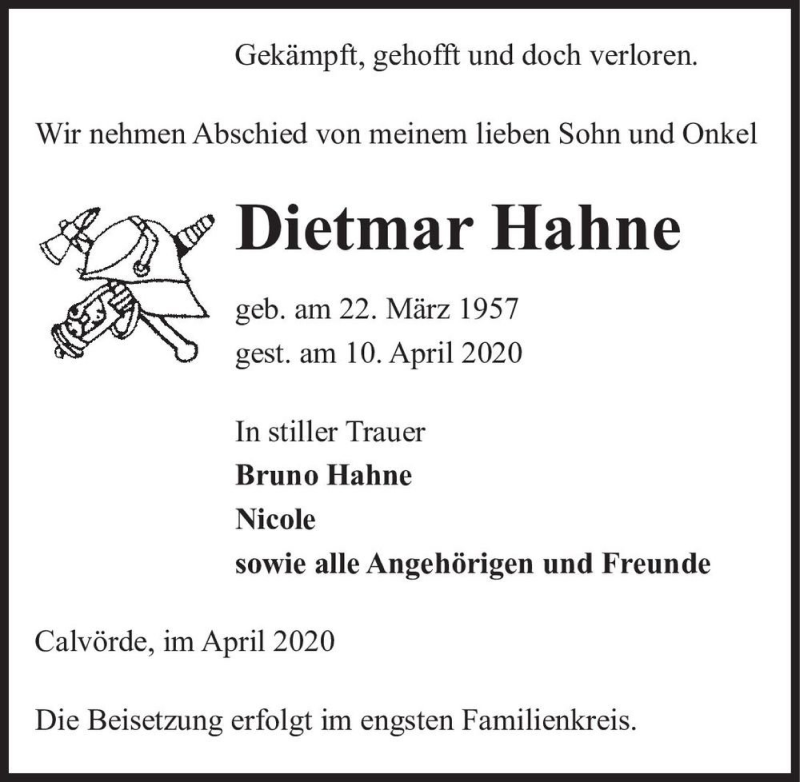  Traueranzeige für Dietmar Hahne  vom 15.04.2020 aus Magdeburger Volksstimme