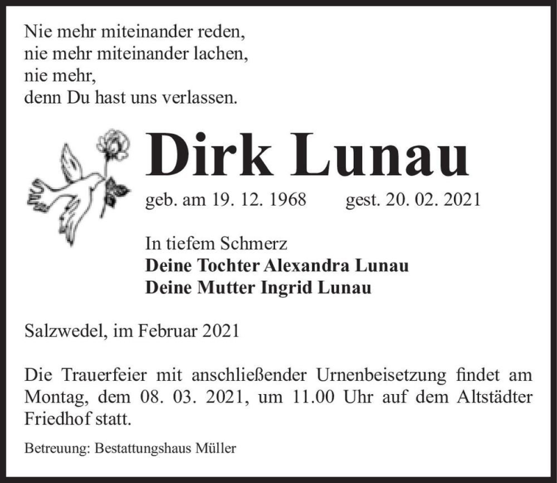  Traueranzeige für Dirk Lunau  vom 23.02.2021 aus Magdeburger Volksstimme