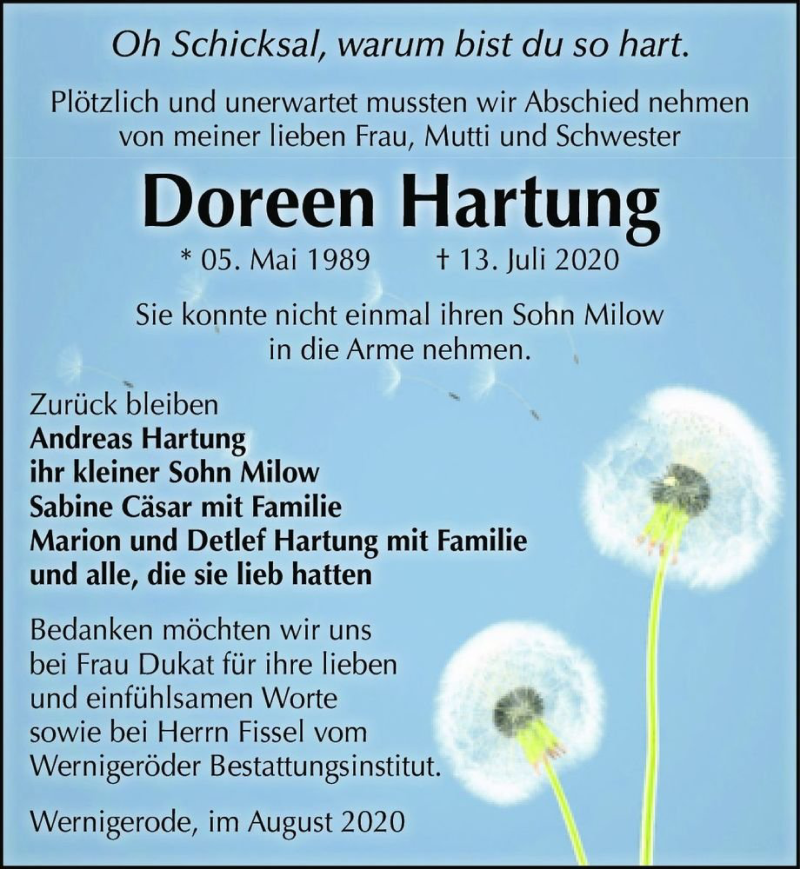  Traueranzeige für Doreen Hartung  vom 12.08.2020 aus Magdeburger Volksstimme