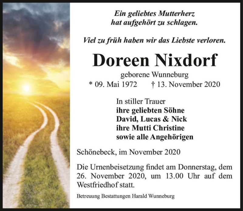  Traueranzeige für Doreen Nixdorf (geb. Wunneburg)  vom 25.11.2020 aus Magdeburger Volksstimme