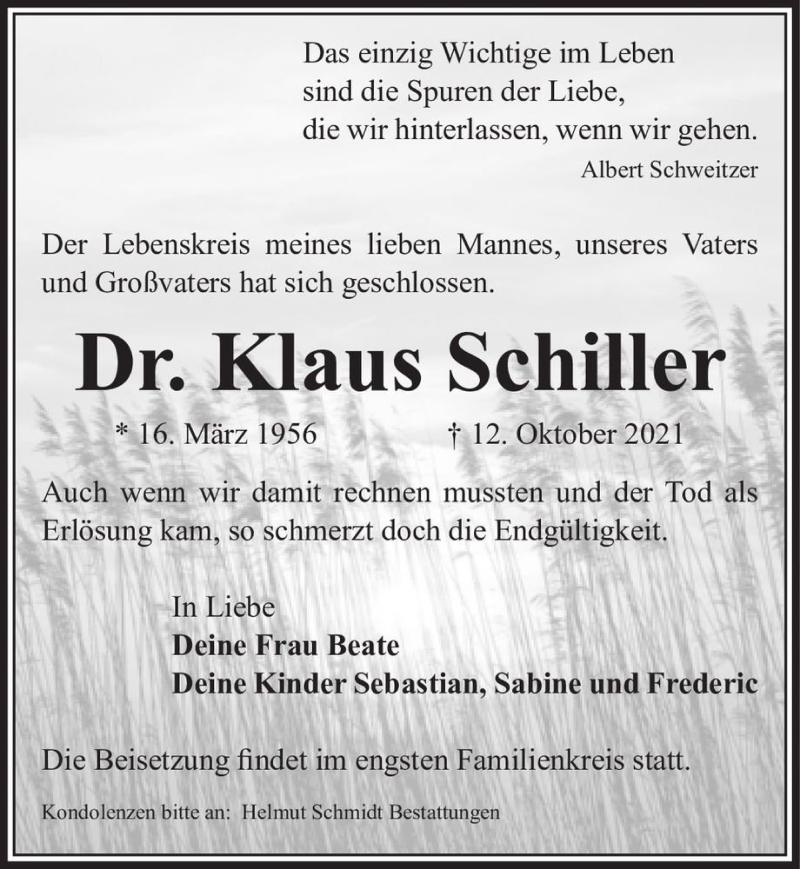  Traueranzeige für Dr. Klaus Schiller  vom 23.10.2021 aus Magdeburger Volksstimme