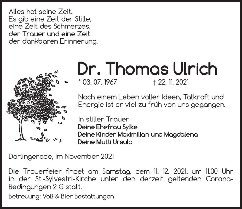  Traueranzeige für Dr. Thomas Ulrich  vom 27.11.2021 aus Magdeburger Volksstimme