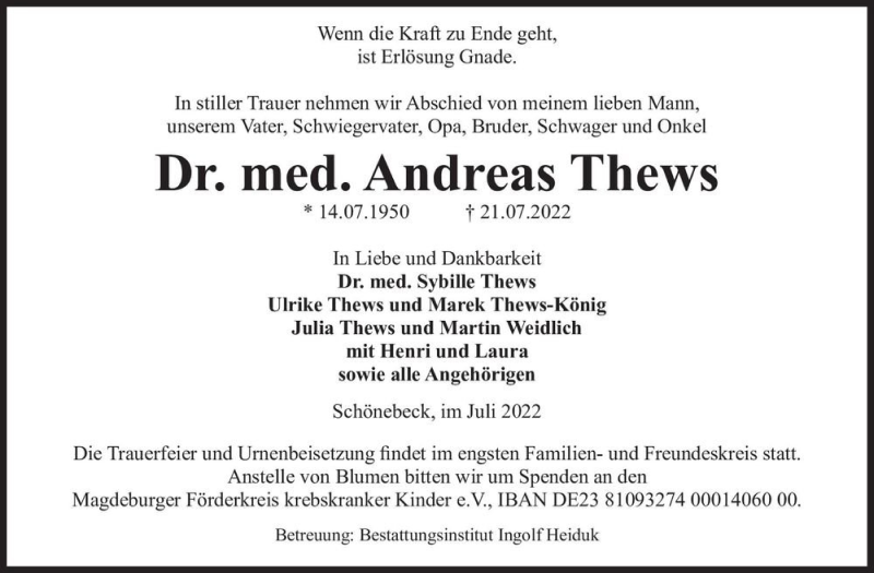  Traueranzeige für Dr. med. Andreas Thews  vom 30.07.2022 aus Magdeburger Volksstimme