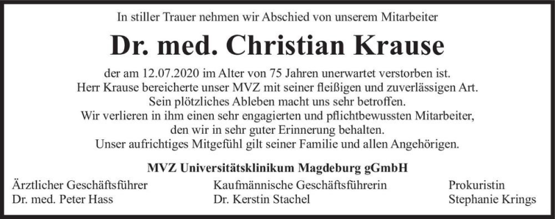  Traueranzeige für Dr. med. Christian Krause  vom 01.08.2020 aus Magdeburger Volksstimme
