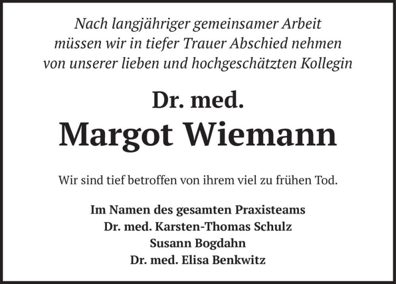  Traueranzeige für Dr. med. Margot Wiemann  vom 05.02.2022 aus Magdeburger Volksstimme