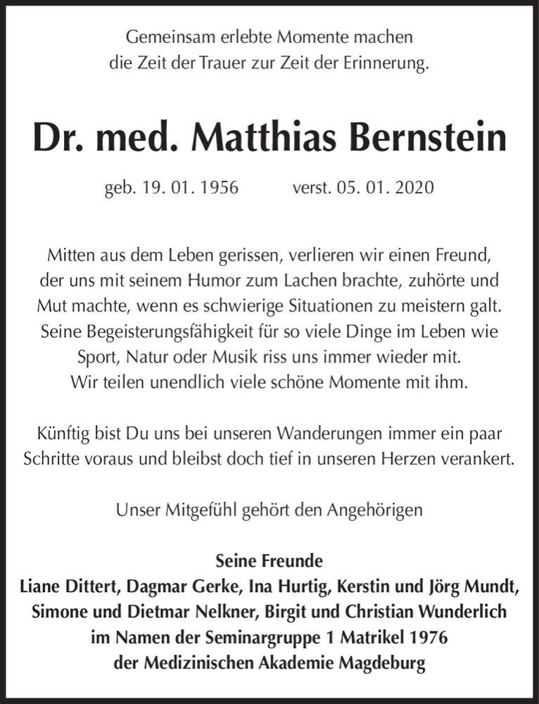  Traueranzeige für Dr. med. Matthias Bernstein  vom 25.01.2020 aus Magdeburger Volksstimme