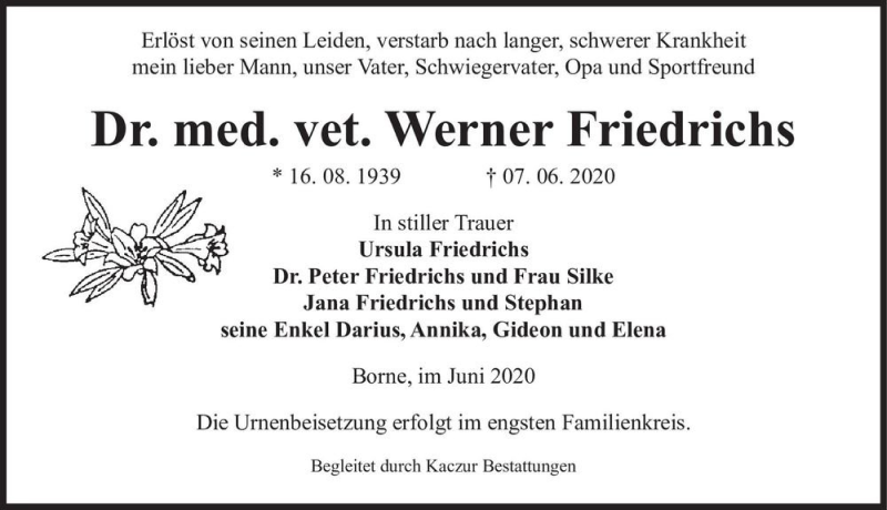  Traueranzeige für Dr. med. vet. Werner Friedrichs  vom 10.06.2020 aus Magdeburger Volksstimme