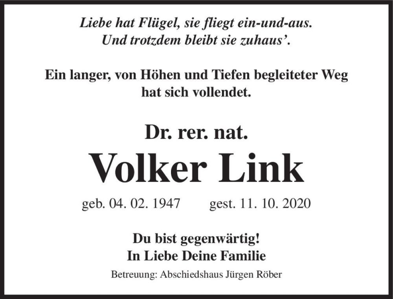  Traueranzeige für Dr. rer. nat. Volker Link  vom 24.10.2020 aus Magdeburger Volksstimme