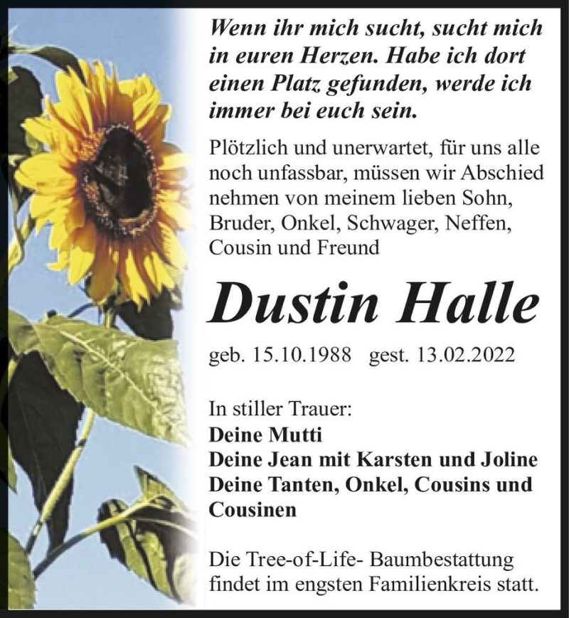  Traueranzeige für Dustin Halle  vom 19.02.2022 aus Magdeburger Volksstimme