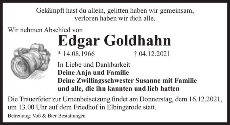  Traueranzeige für Edgar Goldhahn  vom 11.12.2021 aus Magdeburger Volksstimme