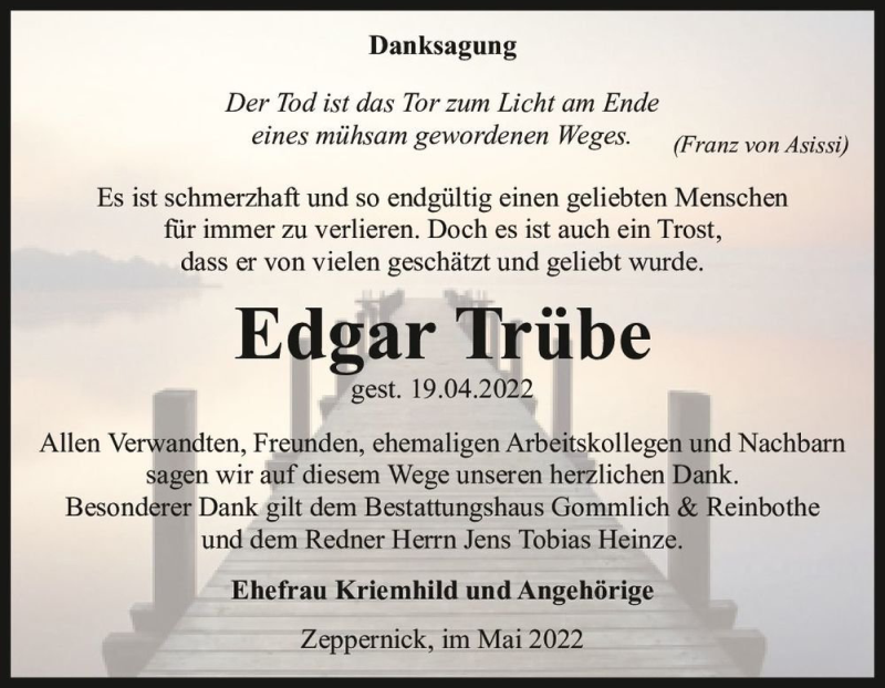  Traueranzeige für Edgar Trübe  vom 28.05.2022 aus Magdeburger Volksstimme