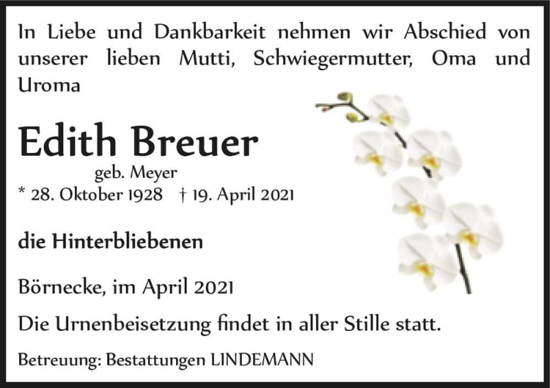  Traueranzeige für Edith Breuer (geb. Meyer)  vom 24.04.2021 aus Magdeburger Volksstimme